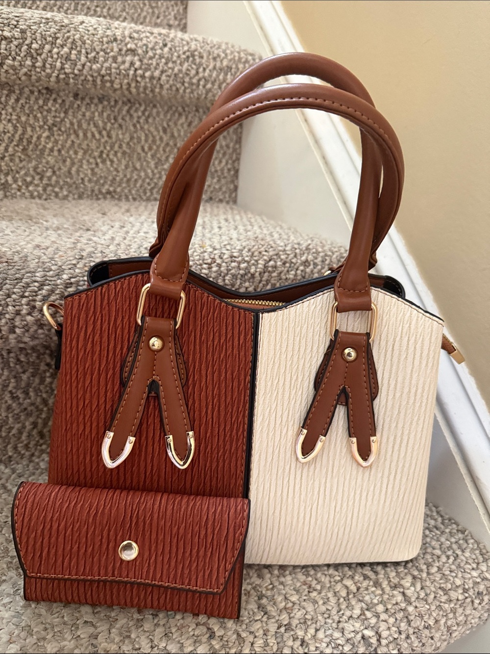 Reddish Brown  & White Two-Tone Women's Satchel Handbag with Matching Wallet